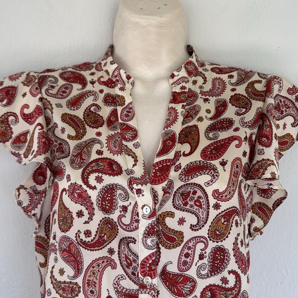 ZARA white red satin paisley print short sleeve button down blouse size small - Picture 5 of 8
